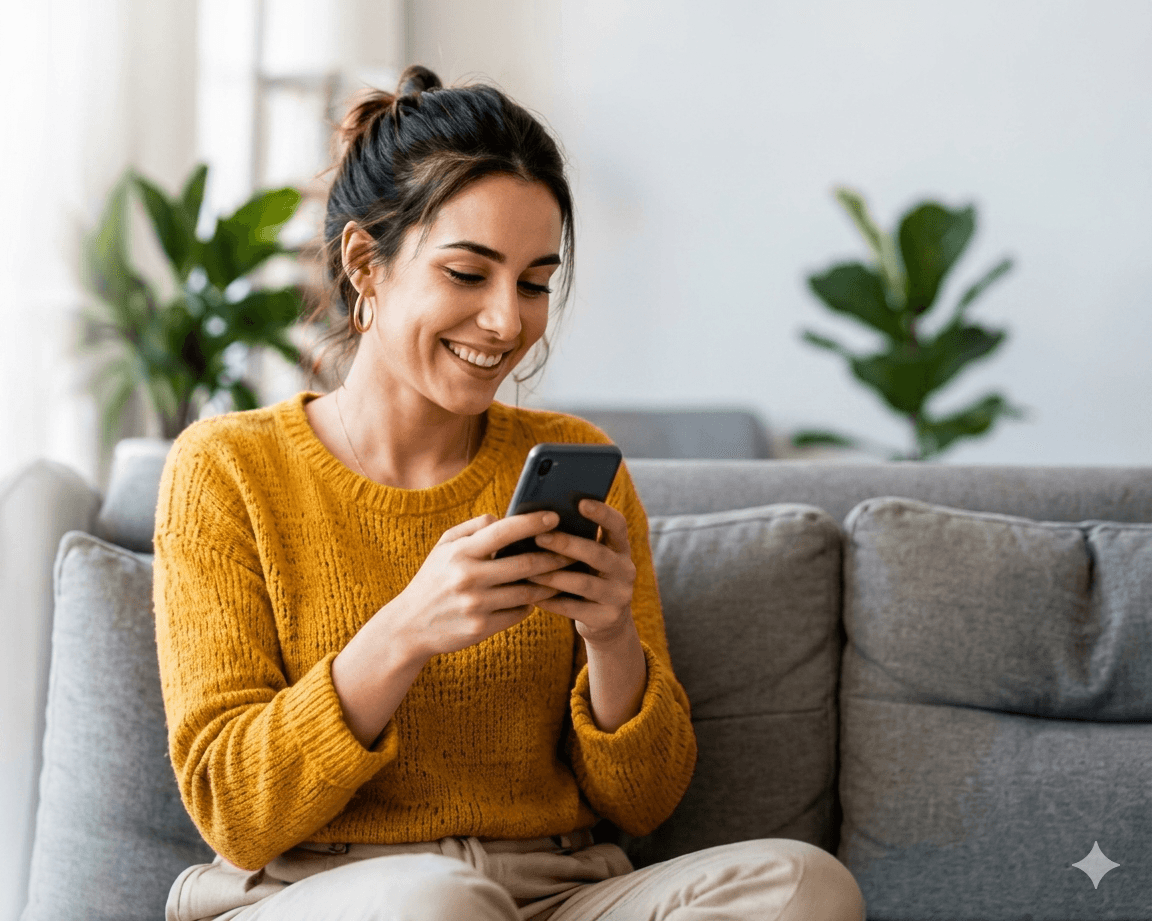 A woman on a sofa sending a NaboFix gift from her phone